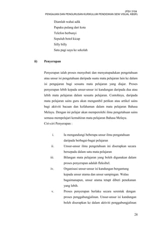 (PSV 3104
PENGAJIAN DAN PENGURUSAN KURIKULUM PENDIDIKAN SENI VISUAL KBSR)
Diamlah wahai adik
Papaku pulang dari kota
Telefon berbunyi
Sepuluh botol kicap
Silly billy
Satu pagi saya ke sekolah
ii) Penyerapan
Penyerapan ialah proses menyebati dan menyatupadukan pengetahuan
atau unsur isi pengetahuan daripada suatu mata pelajaran lain ke dalam
isi pengajaran bagi sesuatu mata pelajaran yang diajar. Proses
penyerapan lebih kepada unsur-unsur isi kandungan daripada dua atau
lebih mata pelajaran dalam sesuatu pelajaran. Contohnya, daripada
mata pelajaran sains guru akan mengambil petikan atau artikel sains
bagi aktiviti bacaan dan kefahaman dalam mata pelajaran Bahasa
Melayu. Dengan ini pelajar akan memperolehi ilmu pengetahuan sains
semasa mempelajari kemahiran mata pelajaran Bahasa Melayu.
Ciri-ciri Penyerapan :
i. Ia mengandungi beberapa unsur ilmu pengatahuan
daripada berbagai-bagai pelajaran
ii. Unsur-unsur ilmu pengetahuan ini diserapkan secara
bersepadu dalam satu mata pelajaran
iii. Bilangan mata pelajaran yang boleh digunakan dalam
proses penyerapan adalah fleksibel.
iv. Organisasi unsur-unsur isi kandungan bergantung
kepada unsur utama dan unsur sampingan. Walau
bagaimanapun, unsur utama tetapt diberi penekanan
yang lebih.
v. Proses penyerapan berlaku secara serentak dengan
proses penggabungjalinan. Unsur-unsur isi kandungan
boleh diserapkan ke dalam aktiviti penggabungjalinan
28
 