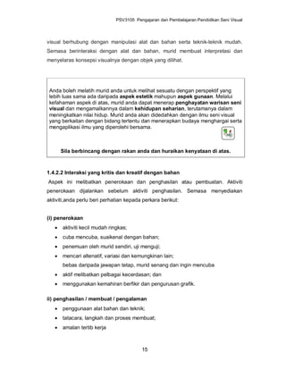 PSV3105 Pengajaran dan Pembelajaran Pendidikan Seni Visual




visual berhubung dengan manipulasi alat dan bahan serta teknik-teknik mudah.
Semasa berinteraksi dengan alat dan bahan, murid membuat interpretasi dan
menyelaras konsepsi visualnya dengan objek yang dilihat.




 Anda boleh melatih murid anda untuk melihat sesuatu dengan perspektif yang
 lebih luas sama ada daripada aspek estetik mahupun aspek gunaan. Melalui
 kefahaman aspek di atas, murid anda dapat menerap penghayatan warisan seni
 visual dan mengamalkannya dalam kehidupan seharian, terutamanya dalam
 meningkatkan nilai hidup. Murid anda akan didedahkan dengan ilmu seni visual
 yang berkaitan dengan bidang tertentu dan menerapkan budaya menghargai serta
 mengaplikasi ilmu yang diperolehi bersama.



       Sila berbincang dengan rakan anda dan huraikan kenyataan di atas.



1.4.2.2 Interaksi yang kritis dan kreatif dengan bahan
Aspek ini melibatkan penerokaan dan penghasilan atau pembuatan. Aktiviti
penerokaan dijalankan sebelum aktiviti penghasilan. Semasa menyediakan
aktiviti,anda perlu beri perhatian kepada perkara berikut:


(i) penerokaan
      aktiviti kecil mudah ringkas;
      cuba mencuba, suaikenal dengan bahan;
      penemuan oleh murid sendiri, uji menguji;
      mencari altenatif, variasi dan kemungkinan lain;
       bebas daripada jawapan tetap, murid senang dan ingin mencuba
      aktif melibatkan pelbagai kecerdasan; dan
      menggunakan kemahiran berfikir dan pengurusan grafik.

ii) penghasilan / membuat / pengalaman
      penggunaan alat bahan dan teknik;
      tatacara, langkah dan proses membuat;
      amalan tertib kerja



                                          15
 