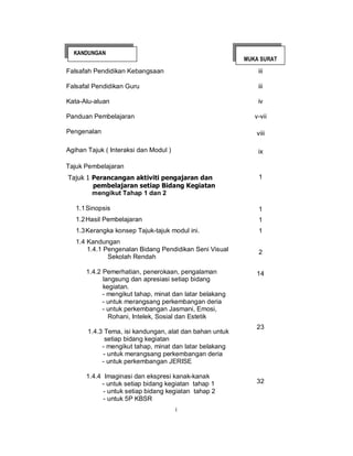KANDUNGAN
                                                         MUKA SURAT

Falsafah Pendidikan Kebangsaan                               iii

Falsafal Pendidikan Guru                                     iii

Kata-Alu-aluan                                               iv

Panduan Pembelajaran                                        v-vii

Pengenalan                                                  viii

Agihan Tajuk ( Interaksi dan Modul )                         ix

Tajuk Pembelajaran
Tajuk 1 Perancangan aktiviti pengajaran dan                  1
        pembelajaran setiap Bidang Kegiatan
        mengikut Tahap 1 dan 2

   1.1 Sinopsis                                              1
   1.2 Hasil Pembelajaran                                    1
   1.3 Kerangka konsep Tajuk-tajuk modul ini.                1
   1.4 Kandungan
       1.4.1 Pengenalan Bidang Pendidikan Seni Visual        2
              Sekolah Rendah

      1.4.2 Pemerhatian, penerokaan, pengalaman             14
            langsung dan apresiasi setiap bidang
            kegiatan.
            - mengikut tahap, minat dan latar belakang
            - untuk merangsang perkembangan deria
            - untuk perkembangan Jasmani, Emosi,
              Rohani, Intelek, Sosial dan Estetik
                                                            23
       1.4.3 Tema, isi kandungan, alat dan bahan untuk
             setiap bidang kegiatan
            - mengikut tahap, minat dan latar belakang
            - untuk merangsang perkembangan deria
            - untuk perkembangan JERISE

      1.4.4 Imaginasi dan ekspresi kanak-kanak
           - untuk setiap bidang kegiatan tahap 1           32
            - untuk setiap bidang kegiatan tahap 2
            - untuk 5P KBSR
                                       i
 