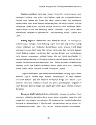 PSV3105 Pengajaran dan Pembelajaran Pendidikan Seni Visual



         Kegiatan membuat corak dan rekaan ini memberi peluang kepada murid
memahami pelbagai cara untuk menghasilkan corak dan mengaplikasikannya
menjadi suatu rekaan lain. Corak dan rekaan tersebut boleh juga dipadankan
kepada mana- mana hasil daripada bidang kegiatan lain seperti binaan, kraf dan
sebagainya. Corak terhasil daripada pelbagai teknik dan cara. Antaranya melalui
kegiatan seperti: Corak tidak terancang secara: Pualaman, Tiupan, Titisan, Ikatan
dan celupan, Renjisan dan percikan dan Corak terancang secara: Lukisan atau
Catan.

         Bidang kegiatan membentuk dan membuat binaan                 ini menegaskan
perkembangan persepsi murid terhadap aspek seni dari segi bentuk, ruang,
struktur, imbangan dan kestabilan. Berpandukan aspek tersebut murid dapat
memahami dengan lebih jelas bila mereka membentuk dan membina sesuatu
model. Bidang kegiatan membentuk dan membuat binaan juga mendedahkan
murid dengan penggunaan pelbagai bahan, alat dan teknik penghasilan. Ini
memberi peluang kepada murid berinteraksi secara kreatif dengan alat dan bahan,
semasa menjalankan proses penghasilan seni. Bidang kegiatan membentuk dan
membuat binaan tiga dimensi merangkumi aktiviti seperti: Arca timbul, Asemblaj,
Mobail, Stabail, Model, Diorama, Boneka, Topeng dan Origami.

         Kegiatan membentuk dan membuat binaan memberi peluang kepada murid
membuat rujukan kepada objek sebenar. Perbandingan ini akan memberi
kesedaran bahawa idea dan kreativiti mempunyai fungsi dan makna. Aspek
apresiasi hasil kerja diadakan sebagai satu proses pembelajaran. Kegiatan ini
boleh dilakukan dalam pelbagai cara seperti pernyataan, puisi, lakonan, nyanyian
dan cerita.

         Mengenal Kraf tradisional boleh didefinisikan sebagai perusahaan (kerja
seni) yang melibatkan kemahiran kerja tangan yang memerlukan daya cipta oleh
masyarakat yang diwarisi turun-temurun. Di sekolah rendah, murid diperkenalkan
dengan kraf tradisional seperti: Alat domestic, Alat permainan, Alat pertahanan diri,
Perhiasan diri (ornamen) , Batik, Tekat, Ukiran, Tenunan, Anyaman dan Tembikar.




                                         29
 