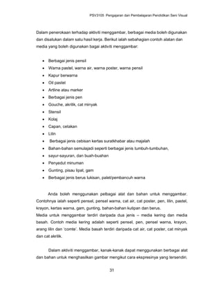 PSV3105 Pengajaran dan Pembelajaran Pendidikan Seni Visual




Dalam penerokaan terhadap aktiviti menggambar, berbagai media boleh digunakan
dan disatukan dalam satu hasil kerja. Berikut ialah sebahagian contoh alatan dan
media yang boleh digunakan bagai aktiviti menggambar:


      Berbagai jenis pensil
      Warna pastel, warna air, warna poster, warna pensil
      Kapur berwarna
      Oil pastel
      Artline atau marker
      Berbagai jenis pen
      Gouche, akrilik, cat minyak
      Stensil
      Kolaj
      Capan, cetakan
      Lilin
       Berbagai jenis cebisan kertas suratkhabar atau majalah
      Bahan-bahan semulajadi seperti berbagai jenis tumbuh-tumbuhan,
      sayur-sayuran, dan buah-buahan
      Penyedut minuman
      Gunting, pisau lipat, gam
      Berbagai jenis berus lukisan, palet/pembancuh warna



       Anda boleh menggunakan pelbagai alat dan bahan untuk menggambar.
Contohnya ialah seperti pensel, pensel warna, cat air, cat poster, pen, lilin, pastel,
krayon, kertas warna, gam, gunting, bahan-bahan kutipan dan berus.
Media untuk menggambar terdiri daripada dua jenis – media kering dan media
basah. Contoh media kering adalah seperti pensel, pen, pensel warna, krayon,
arang lilin dan ‘comte’. Media basah terdiri daripada cat air, cat poster, cat minyak
dan cat akrilik.


       Dalam aktiviti menggambar, kanak-kanak dapat menggunakan berbagai alat
dan bahan untuk menghasilkan gambar mengikut cara ekspresinya yang tersendiri.


                                          31
 