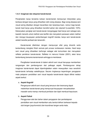 PSV3105 Pengajaran dan Pembelajaran Pendidikan Seni Visual



1.4.4 Imaginasi dan ekspresi kanak-kanak

Penghasilan karya terutama lukisan kanak-kanak mempunyai interpretasi yang
berbeza dengan karya yang dihasilkan oleh orang dewasa. Bagi orang dewasa seni
visual sering dikaitkan dengan kecantikan dan kesempurnaan, namun bagi kanak-
kanak hasil karya yang dihasilkan bersifat luahan dan ekpresif (Lowenfeld, 1975).
Kebanyakan pengkaji seni kanak-kanak menganggap hasil karya seni sebagai satu
kaedah menarik untuk melihat cara berfikir dan menyelami perasaan selain melihat
dan menguji keupayaan perkembangan kognitif mereka, karya seni kanak-kanak
adalah bersifat peribadi dan tersendiri.

      Kanak-kanak dilahirkan dengan mempunyai sifat yang dinamik serta
berkembang mengikut fitrah semula jadi proses tumbesaran mereka. Hasil kerja
seni visual yang dihasilkan berfungsi sebagai alat komunikasi dan merupakan
refleksi pemikiran kanak-kanak. Refleksi ini menurut Koster (2001), akan terus
berkembang bersama kanak-kanak sehingga ia membesar.

      Penglibatan kanak-kanak di dalam aktiviti seni visual berupaya memberikan
rangsangan dan pembangunan dari pelbagai aspek. Pembangunan tahap
imaginasi kanak-kanak dapat dipertingkatkan selain mewujudkan rasa sensitiviti
kanak-kanak terhadap sekelilingnya. Secara ringkasnya kepentingan pengajaran
mata pelajaran pendidikan seni visual kepada kanak-kanak dapat dilihat melalui
aspek berikut:

   a. Aspek Kognitif
       Penganjuran aktiviti seni visual yang tersusun dan terancang dapat
       melahirkan kanak-kanak yang mempunyai keupayaan menyelesaikan
       masalah serta mampu membuat penilaian dan bijak membuat keputusan.

   b. Aspek Fizikal
       Penggunaan alat dan bahan dalam pengajaran dan pembelajaran
       pendidikan seni visual memberikan satu bentuk latihan berkesan kepada
       otot tangan (psychomotor) dan koordinasi tangan serta mata.




                                           33
 