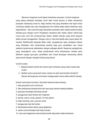PSV3105 Pengajaran dan Pembelajaran Pendidikan Seni Visual




       Menerusi imaginasi murid dapat meluahkan perasaan. Contoh imaginasi
yang paling berkesan terhadap murid ialah mimpi kerana ia boleh menyentuh
perasaan seseorang murid itu. Bagi mereka imej yang dihasilkan dari tajuk mimpi
contohnya adalah satu cara mengekspresi diri mereka ketika dalam ketakutan atau
kegembiraan. Satu cara lain bagi meluahkan perasaan ialah melalui berkomunikasi
diantara guru dengan murid. Penjelasan mengenai alat, media, bahan, teknik,imej
unsur-unsur seni dan prinsip-prinsip rekaan adalah sesuatu yang amat berguna
dalam proses menggambar. Dengan cara ini nilai-nilai estetik akan wujud dalam diri
mereka. Bertitik-tolak daripada faktor inilah pengetahuan asas mengenai lukisan
yang dihasilkan oleh kanak-kanak penting bagi guru pendidikan seni visual
sebelum kanak-kanak didedahkan dengan pelbagai aktiviti. Kesemua pengetahuan
yang merangkumi umur, tahap kanak-kanak serta kemampuan mereka perlu
difahami supaya guru-guru pendidikan seni visual berupaya merancang aktiviti
yang sesuai dengan mengikut tahap yang sesuai.


Contoh soalan.
   1. Bagaimanakah bentuk dan warna buah rambutan yang sudah masak atau
       muda?
   2. Apakah warna yang perlu kamu campur ke atas buah-buahan tersebut?
       Secara tak langsung murid akan menggunakan warna dalam aktiviti mereka.


Komen hasil kerja murid dan kita boleh berkomunikasi tentang:
1. Apa yang kita suruh murid buat
2. idea selanjutnya tentang tema dari apa yang mereka sedang hasilkan
3. perasaan terhadap hasil kerja sendiri
4. penggunaan tajuk fantasi dan imaginasi
5. bentuk, warna, corak, garisan, ton dan jalinan
6. kadar banding, saiz, susunan corak
7. penggunaan alat dan bahan
8. teknik-teknik dalam aktiviti yang dijalankan
9. usaha murid terhadap hasil kerja mereka
10. cara-cara bagaimana idea tersebut boleh digunakan dalam berlainan


                                           36
 