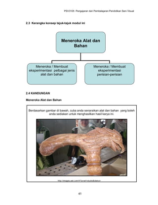 PSV3105 Pengajaran dan Pembelajaran Pendidikan Seni Visual



2.3 Kerangka konsep tajuk-tajuk modul ini




                         Meneroka Alat dan
                              Bahan



      Meneroka / Membuat                                   Meneroka / Membuat
  eksperimentasi pelbagai jenis                              eksperimentasi
         alat dan bahan                                     perisian-perisian




2.4 KANDUNGAN

Meneroka Alat dan Bahan


 Berdasarkan gambar di bawah, cuba anda senaraikan alat dan bahan yang boleh
               anda sediakan untuk menghasilkan hasil karya ini.




                      http://images.ask.com/fr?q=art+studio&desturi




                                           41
 