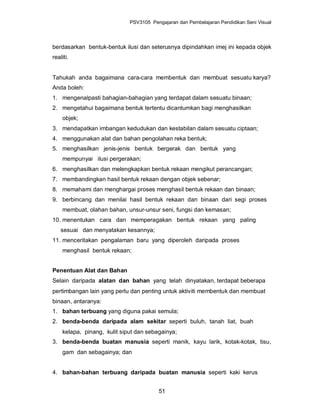 PSV3105 Pengajaran dan Pembelajaran Pendidikan Seni Visual




berdasarkan bentuk-bentuk ilusi dan seterusnya dipindahkan imej ini kepada objek
realiti.


Tahukah anda bagaimana cara-cara membentuk dan membuat sesuatu karya?
Anda boleh:
1. mengenalpasti bahagian-bahagian yang terdapat dalam sesuatu binaan;
2. mengetahui bagaimana bentuk tertentu dicantumkan bagi menghasilkan
     objek;
3. mendapatkan imbangan kedudukan dan kestabilan dalam sesuatu ciptaan;
4. menggunakan alat dan bahan pengolahan reka bentuk;
5. menghasilkan jenis-jenis bentuk bergerak dan bentuk yang
     mempunyai ilusi pergerakan;
6. menghasilkan dan melengkapkan bentuk rekaan mengikut perancangan;
7. membandingkan hasil bentuk rekaan dengan objek sebenar;
8. memahami dan menghargai proses menghasil bentuk rekaan dan binaan;
9. berbincang dan menilai hasil bentuk rekaan dan binaan dari segi proses
     membuat, olahan bahan, unsur-unsur seni, fungsi dan kemasan;
10. menentukan cara dan memperagakan bentuk rekaan yang paling
    sesuai dan menyatakan kesannya;
11. menceritakan pengalaman baru yang diperoleh daripada proses
     menghasil bentuk rekaan;


Penentuan Alat dan Bahan
Selain daripada alatan dan bahan yang telah dinyatakan, terdapat beberapa
pertimbangan lain yang perlu dan penting untuk aktiviti membentuk dan membuat
binaan, antaranya:
1. bahan terbuang yang diguna pakai semula;
2. benda-benda daripada alam sekitar seperti buluh, tanah liat, buah
     kelapa, pinang, kulit siput dan sebagainya;
3. benda-benda buatan manusia seperti manik, kayu larik, kotak-kotak, tisu,
     gam dan sebagainya; dan


4. bahan-bahan terbuang daripada buatan manusia seperti kaki kerus


                                         51
 