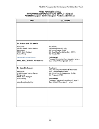 PSV3105 Pengajaran Dan Pembelajaran Pendidikan Seni Visual


                         PANEL PENULISAN MODUL
            PROGRAM PENSISWAZAHAN GURU SEKOLAH RENDAH
          PSV3105 Pengajaran Dan Pembelajaran Pendidikan Seni Visual

                 NAMA                                      KELAYAKAN




En. Khairul Albar Bin Masror

Pensyarah                                  Kelulusan:
IPGM Kampus Tuanku Bainun                  Sarjana Pendidikan (USM)
Mengkuang                                  B.A. Hons.Fine Art (USM)
14000 Bukit Mertajam                       Sijil Guru Khas Pendidikan Seni (MPIK)
Pulau Pinang                               Sijil Guru (MPSI)

barmasror@yahoo.com.my                     Pengalaman:
                                           Pensyarah Pendidikan Seni Visual ( 4 tahun )
PANEL PENULIS MODUL PSV IPGM TB            Guru Sekolah Menengah (26 tahun)



Dr. Sajap Bin Maswan                       Kelulusan:
                                           Ed.D (Teknologi Pendidikan & Multimedia)
Pensyarah                                  M.Ed (Teknologi Pendidikan)
IPGM Kampus Tuanku Bainun                  B.A. Hons.(Fine Art/Rekabentuk Grafik)
Mengkuang                                  Sijil Perguruan (IPSI)
14000 Bukit Mertajam
Pulau Pinang                               Pengalaman:
                                           Pensyarah Teknologi Pendidikan ( 5 tahun )
sajap@sajadstudio.info                     Guru Sekolah Menengah (11 tahun)




                                            30
 