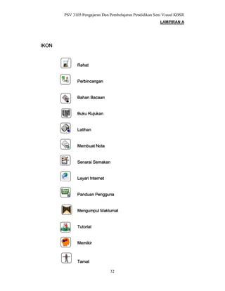 PSV 3105 Pengajaran Dan Pembelajaran Pendidikan Seni Visual KBSR
                                                          LAMPIRAN A




IKON



             Rehat


             Perbincangan


             Bahan Bacaan


             Buku Rujukan


             Latihan


             Membuat Nota


             Senarai Semakan


             Layari Internet


             Panduan Pengguna


             Mengumpul Maklumat


             Tutorial


             Memikir



             Tamat
                                T




                               32
 