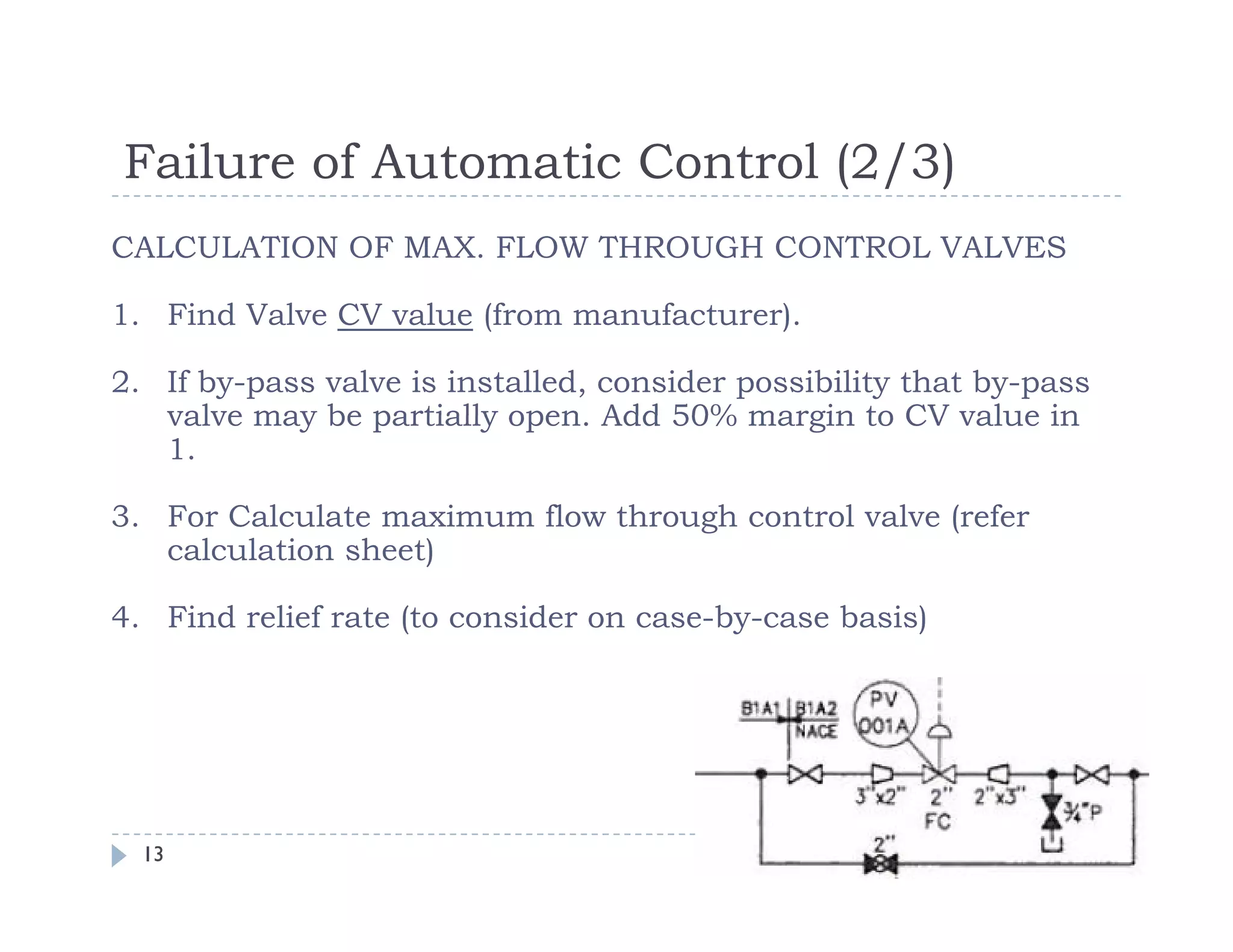 Failure of Automatic Control (2/3)
Failure of Automatic Control (2/3)
CALCULATION OF MAX. FLOW THROUGH CONTROL VALVES
1. Find Valve CV value (from manufacturer).
2. If by-pass valve is installed, consider possibility that by-pass
valve may be partially open Add 50% margin to CV value in
valve may be partially open. Add 50% margin to CV value in
1.
3. For Calculate maximum flow through control valve (refer
calculation sheet)
4. Find relief rate (to consider on case-by-case basis)
13
 