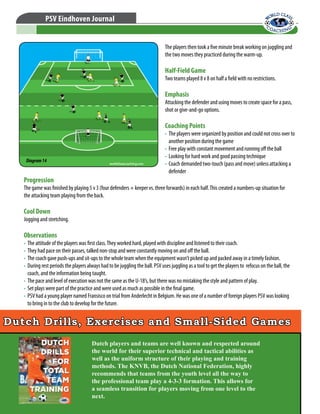 © WORLD CLASS COACHING - Thousands of Training Sessions available at www.worldclasscoaching.com
PSV Eindhoven Journal
The players then took a five minute break working on juggling and
the two moves they practiced during the warm-up.
Half-Field Game
Two teams played 8 v 8 on half a field with no restrictions.
Emphasis
Attacking the defender and using moves to create space for a pass,
shot or give-and-go options.
Coaching Points
•	 The players were organized by position and could not cross over to
another position during the game
•	 Free play with constant movement and running off the ball
•	 Looking for hard work and good passing technique
•	 Coach demanded two-touch (pass and move) unless attacking a
defender
Diagram14
Progression
The game was finished by playing 5 v 3 (four defenders + keeper vs. three forwards) in each half.This created a numbers-up situation for
the attacking team playing from the back.
Cool Down
Jogging and stretching.
Observations
•	 The attitude of the players was first class.They worked hard, played with discipline and listened to their coach.
•	 They had pace on their passes, talked non-stop and were constantly moving on and off the ball.
•	 The coach gave push-ups and sit-ups to the whole team when the equipment wasn’t picked up and packed away in a timely fashion.
•	 During rest periods the players always had to be juggling the ball. PSV uses juggling as a tool to get the players to refocus on the ball, the
coach, and the information being taught.
•	 The pace and level of execution was not the same as the U-18’s, but there was no mistaking the style and pattern of play.
•	 Set plays were part of the practice and were used as much as possible in the final game.
•	 PSV had a young player named Fransisco on trial from Anderlecht in Belgium. He was one of a number of foreign players PSV was looking
to bring in to the club to develop for the future.
Dutch Drills, Exercises and Small-Sided Games
Dutch players and teams are well known and respected around
the world for their superior technical and tactical abilities as
well as the uniform structure of their playing and training
methods. The KNVB, the Dutch National Federation, highly
recommends that teams from the youth level all the way to
the professional team play a 4-3-3 formation. This allows for
a seamless transition for players moving from one level to the
next.
 