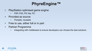 PhyreEngine™
• PlayStation optimised game engine
• PSP, PS3, PS Vita, PC
• Provided as source
• Portable, reusable
• Free to use, either full or in part
• Partner Programme
• Integrating with middleware to ensure developers can choose the best solutions
 