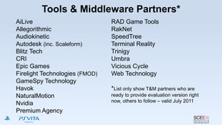 Tools & Middleware Partners*
AiLive
Allegorithmic
Audiokinetic
Autodesk (inc. Scaleform)
Blitz Tech
CRI
Epic Games
Firelight Technologies (FMOD)
GameSpy Technology
Havok
NaturalMotion
Nvidia
Premium Agency
RAD Game Tools
RakNet
SpeedTree
Terminal Reality
Trinigy
Umbra
Vicious Cycle
Web Technology
*List only show T&M partners who are
ready to provide evaluation version right
now, others to follow – valid July 2011
 