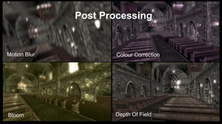 Post Processing
Motion Blur Colour Correction
Bloom Depth Of Field
 