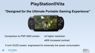 “Designed for the Ultimate Portable Gaming Experience”
Comparison to PSP-3000 screen: x4 higher resolution
x600 increased contrast
5 inch OLED screen: engineered for extremely low power consumption
PlayStation®Vita
 