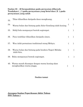 Soalan 33 – 40 berpandukan pada pernyatan dibawah.
Tandakan ( _/ ) pada pernyataan yang betul dan ( X ) pada
pernyataan yang salah

      Tikar dihasilkan daripada daun mengkuang.                       (   )
33.

34.                                                                   (   )
      Warna bulan dan bintang pada Jalur Gemilang ialah kuning.

35.   Sebiji bola mempunyai bentuk segiempat.                         (   )


36.   Pasu tembikar dihasilkan daripada simen.                        (   )


37.   Wau ialah permainan tradisional orang Melayu.                   (   )


38.   Warna bulan dan bintang pada bendera Negeri Melaka              (   )
      ialah biru.

39. Buku mempunyai bentuk segiempat.                                  (   )


40. Warna merah dicampur dengan warna kuning akan
    menghasilkan warna jingga.                                    (       )




                             Soalan tamat




Jawapan Soalan Peperiksaan Akhir Tahun
PSV Tahun 1
 