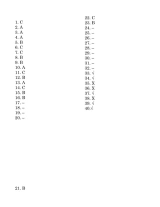 22. C
1. C    23. B
2. A    24. –
3. A    25. –
4. A    26. –
5. B    27. –
6. C    28. –
7. C    29. –
8. B    30. –
9. B    31. –
10. A   32. –
11. C   33. √
12. B   34. √
13. A   35. X
14. C   36. X
15. B   37. √
16. B   38. X
17. –   39. √
18. –   40.√
19. –
20. –




21. B
 