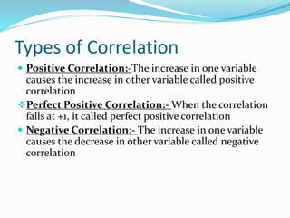 Types of Correlation
 Positive Correlation:-The increase in one variable
causes the increase in other variable called positive
correlation
Perfect Positive Correlation:- When the correlation
falls at +1, it called perfect positive correlation
 Negative Correlation:- The increase in one variable
causes the decrease in other variable called negative
correlation
 