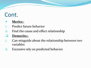 Cont.
 Merits:-
i. Predict future behavior
ii. Find the cause and effect relationship
 Demerits:-
i. Can misguide about the relationship between two
variables
ii. Excessive rely on predicted behavior
 