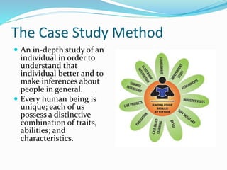 The Case Study Method
 An in-depth study of an
individual in order to
understand that
individual better and to
make inferences about
people in general.
 Every human being is
unique; each of us
possess a distinctive
combination of traits,
abilities; and
characteristics.
 