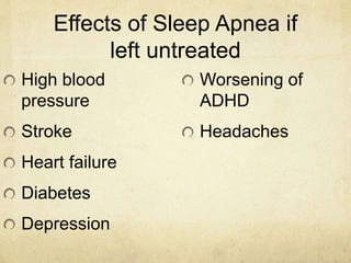 Effects of Sleep Apnea if
left untreated
High blood
pressure
Stroke
Heart failure
Diabetes
Depression
Worsening of
ADHD
Headaches
 