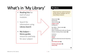 What’s in ‘My Library’
Welcome to the Library | 16
• Reading lists for
each of your
modules
• Search for
information using
Library Search
• My Subject –
library guides
resources and help
for your subject
 