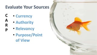 Evaluate Your Sources
C
A
R
P
• Currency
• Authority
• Relevancy
• Purpose/Point
of View
 