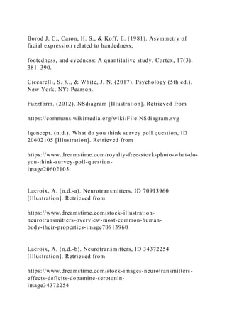 Borod J. C., Caron, H. S., & Koff, E. (1981). Asymmetry of
facial expression related to handedness,
footedness, and eyedness: A quantitative study. Cortex, 17(3),
381–390.
Ciccarelli, S. K., & White, J. N. (2017). Psychology (5th ed.).
New York, NY: Pearson.
Fuzzform. (2012). NSdiagram [Illustration]. Retrieved from
https://commons.wikimedia.org/wiki/File:NSdiagram.svg
Iqoncept. (n.d.). What do you think survey poll question, ID
20602105 [Illustration]. Retrieved from
https://www.dreamstime.com/royalty-free-stock-photo-what-do-
you-think-survey-poll-question-
image20602105
Lacroix, A. (n.d.-a). Neurotransmitters, ID 70913960
[Illustration]. Retrieved from
https://www.dreamstime.com/stock-illustration-
neurotransmitters-overview-most-common-human-
body-their-properties-image70913960
Lacroix, A. (n.d.-b). Neurotransmitters, ID 34372254
[Illustration]. Retrieved from
https://www.dreamstime.com/stock-images-neurotransmitters-
effects-deficits-dopamine-serotonin-
image34372254
 