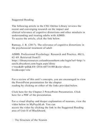 Suggested Reading
The following article in the CSU Online Library reviews the
recent and converging research on the impact and
clinical relevance of cognitive distortions and other mindsets in
understanding and treating adults with ADHD.
To access the article, click the link below.
Ramsay, J. R. (2017). The relevance of cognitive distortions in
the psychosocial treatment of adult
ADHD. Professional Psychology: Research and Practice, 48(1),
62–69. Retrieved from33
https://libraryresources.columbiasouthern.edu/login?url=http://s
earch.ebscohost.com/login.aspx?direc
t=true&db=pdh&AN=2016-60714-001&site=ehost-
live&scope=site
For a review of this unit’s concepts, you are encouraged to view
the PowerPoint presentation for the chapter
reading by clicking on either of the links provided below.
Click here for the Chapter 2 PowerPoint Presentation. Click
here for a PDF of the presentation.
For a visual display and deeper explanation of neurons, view the
video below in MyPsychLab. You can
access the video by clicking the link in the Suggested Reading
area of Unit II of Blackboard.
 