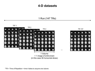 …
1 Volume
= 1 image of entire brain
(in this case 36 horizontal slices)
1 Run (147 TRs)
TR* 1
TR 2
TR 2 TR 147
*TR = Time of Repetition = time it takes to acquire one volume
4-D datasets
 