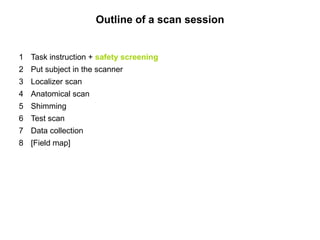 Outline of a scan session
1 Task instruction + safety screening
2 Put subject in the scanner
3 Localizer scan
4 Anatomical scan
5 Shimming
6 Test scan
7 Data collection
8 [Field map]
 