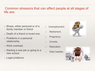 Common stressors that can affect people at all stages of
life are:
❖ Illness, either personal or of a
family member or friend.
❖ Death of a friend or loved one.
❖ Problems in a personal
relationship.
❖ Work overload.
❖ Starting a new job or going to a
new school.
❖ Legal problems.
❖ Unemployment.
❖ Retirement.
❖ Pregnancy.
❖ Crowds.
❖ Relocation.
❖ Daily hassles.
 