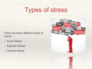 Types of stress
There are three different types of
stress :
❖ Acute Stress
❖ Episodic Stress
❖ Chronic Stress
 