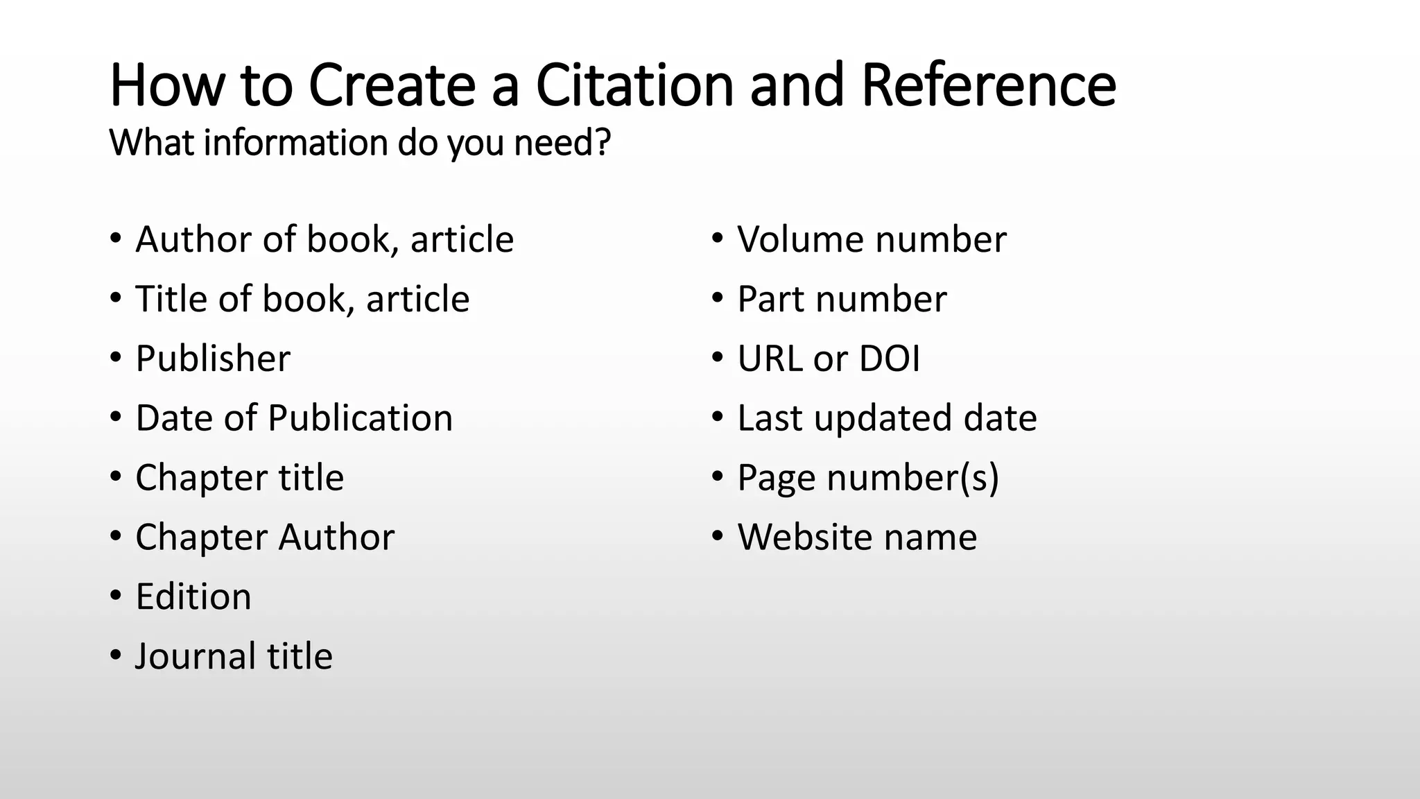 How to Create a Citation and Reference
What information do you need?
• Author of book, article
• Title of book, article
• Publisher
• Date of Publication
• Chapter title
• Chapter Author
• Edition
• Journal title
• Volume number
• Part number
• URL or DOI
• Last updated date
• Page number(s)
• Website name
 