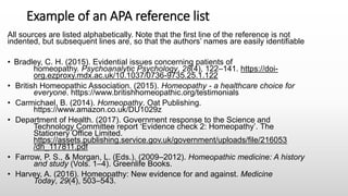 Example of an APA reference list
All sources are listed alphabetically. Note that the first line of the reference is not
indented, but subsequent lines are, so that the authors’ names are easily identifiable
• Bradley, C. H. (2015). Evidential issues concerning patients of
homeopathy. Psychoanalytic Psychology, 28(4), 122–141. https://doi-
org.ezproxy.mdx.ac.uk/10.1037/0736-9735.25.1.122
• British Homeopathic Association. (2015). Homeopathy - a healthcare choice for
everyone. https://www.britishhomeopathic.org/testimonials
• Carmichael, B. (2014). Homeopathy. Oat Publishing.
https://www.amazon.co.uk/DU1029z
• Department of Health. (2017). Government response to the Science and
Technology Committee report ‘Evidence check 2: Homeopathy’. The
Stationery Office Limited.
https://assets.publishing.service.gov.uk/government/uploads/file/216053
/dh_117811.pdf
• Farrow, P. S., & Morgan, L. (Eds.). (2009–2012). Homeopathic medicine: A history
and study (Vols. 1–4). Greenlife Books.
• Harvey, A. (2016). Homeopathy: New evidence for and against. Medicine
Today, 29(4), 503–543.
 
