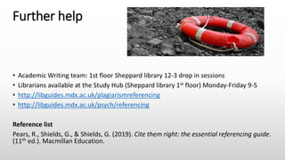 Further help
• Academic Writing team: 1st floor Sheppard library 12-3 drop in sessions
• Librarians available at the Study Hub (Sheppard library 1st floor) Monday-Friday 9-5
• http://libguides.mdx.ac.uk/plagiarismreferencing
• http://libguides.mdx.ac.uk/psych/referencing
Reference list
Pears, R., Shields, G., & Shields, G. (2019). Cite them right: the essential referencing guide.
(11th ed.). Macmillan Education.
 