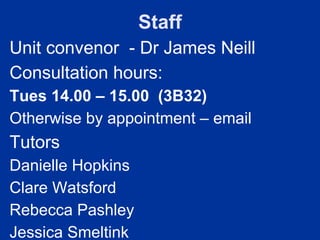 Staff
Unit convenor - Dr James Neill
Consultation hours:
Tues 14.00 – 15.00 (3B32)
Otherwise by appointment – email
Tutors
Danielle Hopkins
Clare Watsford
Rebecca Pashley
Jessica Smeltink
 