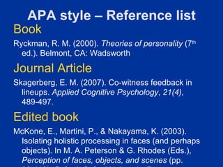 APA style – Reference list
Book
Ryckman, R. M. (2000). Theories of personality (7th
  ed.). Belmont, CA: Wadsworth

Journal Article
Skagerberg, E. M. (2007). Co-witness feedback in
  lineups. Applied Cognitive Psychology, 21(4),
  489-497.

Edited book
McKone, E., Martini, P., & Nakayama, K. (2003).
 Isolating holistic processing in faces (and perhaps
 objects). In M. A. Peterson & G. Rhodes (Eds.),
 Perception of faces, objects, and scenes (pp.
 
