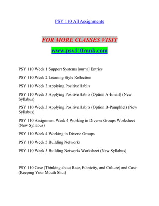 PSY 110 All Assignments
FOR MORE CLASSES VISIT
www.psy110rank.com
PSY 110 Week 1 Support Systems Journal Entries
PSY 110 Week 2 Learning Style Reflection
PSY 110 Week 3 Applying Positive Habits
PSY 110 Week 3 Applying Positive Habits (Option A-Email) (New
Syllabus)
PSY 110 Week 3 Applying Positive Habits (Option B-Pamphlet) (New
Syllabus)
PSY 110 Assignment Week 4 Working in Diverse Groups Worksheet
(New Syllabus)
PSY 110 Week 4 Working in Diverse Groups
PSY 110 Week 5 Building Networks
PSY 110 Week 5 Building Networks Worksheet (New Syllabus)
PSY 110 Case (Thinking about Race, Ethnicity, and Culture) and Case
(Keeping Your Mouth Shut)
 