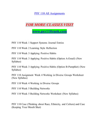PSY 110 All Assignments
FOR MORE CLASSES VISIT
www.psy110rank.com
PSY 110 Week 1 Support Systems Journal Entries
PSY 110 Week 2 Learning Style Reflection
PSY 110 Week 3 Applying Positive Habits
PSY 110 Week 3 Applying Positive Habits (Option A-Email) (New
Syllabus)
PSY 110 Week 3 Applying Positive Habits (Option B-Pamphlet) (New
Syllabus)
PSY 110 Assignment Week 4 Working in Diverse Groups Worksheet
(New Syllabus)
PSY 110 Week 4 Working in Diverse Groups
PSY 110 Week 5 Building Networks
PSY 110 Week 5 Building Networks Worksheet (New Syllabus)
PSY 110 Case (Thinking about Race, Ethnicity, and Culture) and Case
(Keeping Your Mouth Shut)
 