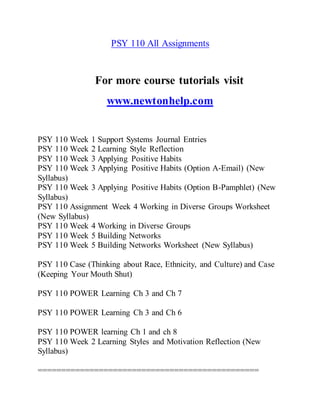 PSY 110 All Assignments
For more course tutorials visit
www.newtonhelp.com
PSY 110 Week 1 Support Systems Journal Entries
PSY 110 Week 2 Learning Style Reflection
PSY 110 Week 3 Applying Positive Habits
PSY 110 Week 3 Applying Positive Habits (Option A-Email) (New
Syllabus)
PSY 110 Week 3 Applying Positive Habits (Option B-Pamphlet) (New
Syllabus)
PSY 110 Assignment Week 4 Working in Diverse Groups Worksheet
(New Syllabus)
PSY 110 Week 4 Working in Diverse Groups
PSY 110 Week 5 Building Networks
PSY 110 Week 5 Building Networks Worksheet (New Syllabus)
PSY 110 Case (Thinking about Race, Ethnicity, and Culture) and Case
(Keeping Your Mouth Shut)
PSY 110 POWER Learning Ch 3 and Ch 7
PSY 110 POWER Learning Ch 3 and Ch 6
PSY 110 POWER learning Ch 1 and ch 8
PSY 110 Week 2 Learning Styles and Motivation Reflection (New
Syllabus)
===============================================
 