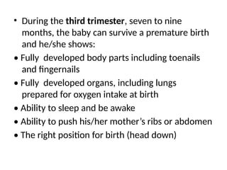 • During the third trimester, seven to nine
months, the baby can survive a premature birth
and he/she shows:
• Fully developed body parts including toenails
and fingernails
• Fully developed organs, including lungs
prepared for oxygen intake at birth
• Ability to sleep and be awake
• Ability to push his/her mother’s ribs or abdomen
• The right position for birth (head down)
 