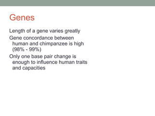 Genes Length of a gene varies greatly Gene concordance between human and chimpanzee is high (98% - 99%) Only one base pair change is enough to influence human traits and capacities 