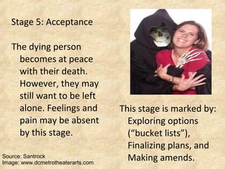 Stage 5: Acceptance
The dying person
becomes at peace
with their death.
However, they may
still want to be left
alone. Feelings and
pain may be absent
by this stage.
This stage is marked by:
Exploring options
(“bucket lists”),
Finalizing plans, and
Making amends.Source: Santrock
Image: www.dcmetrotheaterarts.com
 