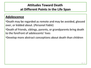 20 - 13
Attitudes Toward Death
at Different Points in the Life Span
Adolescence
•Death may be regarded as remote and may be avoided, glossed
over, or kidded about. (Personal Fable)
•Death of friends, siblings, parents, or grandparents bring death
to the forefront of adolescents’ lives
•Develop more abstract conceptions about death than children
 