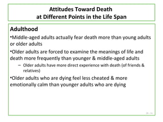 20 - 14
Attitudes Toward Death
at Different Points in the Life Span
Adulthood
•Middle-aged adults actually fear death more than young adults
or older adults
•Older adults are forced to examine the meanings of life and
death more frequently than younger & middle-aged adults
– Older adults have more direct experience with death (of friends &
relatives)
•Older adults who are dying feel less cheated & more
emotionally calm than younger adults who are dying
 