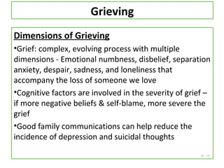 20 - 19
Grieving
Dimensions of Grieving
•Grief: complex, evolving process with multiple
dimensions - Emotional numbness, disbelief, separation
anxiety, despair, sadness, and loneliness that
accompany the loss of someone we love
•Cognitive factors are involved in the severity of grief –
if more negative beliefs & self-blame, more severe the
grief
•Good family communications can help reduce the
incidence of depression and suicidal thoughts
 