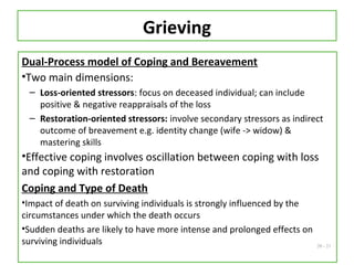 20 - 21
Grieving
Dual-Process model of Coping and Bereavement
•Two main dimensions:
– Loss-oriented stressors: focus on deceased individual; can include
positive & negative reappraisals of the loss
– Restoration-oriented stressors: involve secondary stressors as indirect
outcome of breavement e.g. identity change (wife -> widow) &
mastering skills
•Effective coping involves oscillation between coping with loss
and coping with restoration
Coping and Type of Death
•Impact of death on surviving individuals is strongly influenced by the
circumstances under which the death occurs
•Sudden deaths are likely to have more intense and prolonged effects on
surviving individuals
 