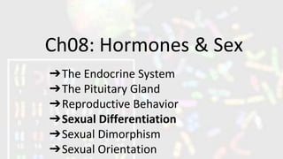 Ch08: Hormones & Sex
➔The Endocrine System
➔The Pituitary Gland
➔Reproductive Behavior
➔Sexual Differentiation
➔Sexual Dimorphism
➔Sexual Orientation
 