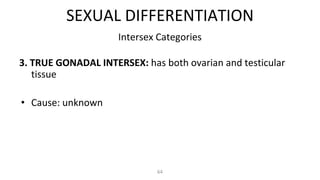 64
Intersex Categories
3. TRUE GONADAL INTERSEX: has both ovarian and testicular
tissue
• Cause: unknown
SEXUAL DIFFERENTIATION
 