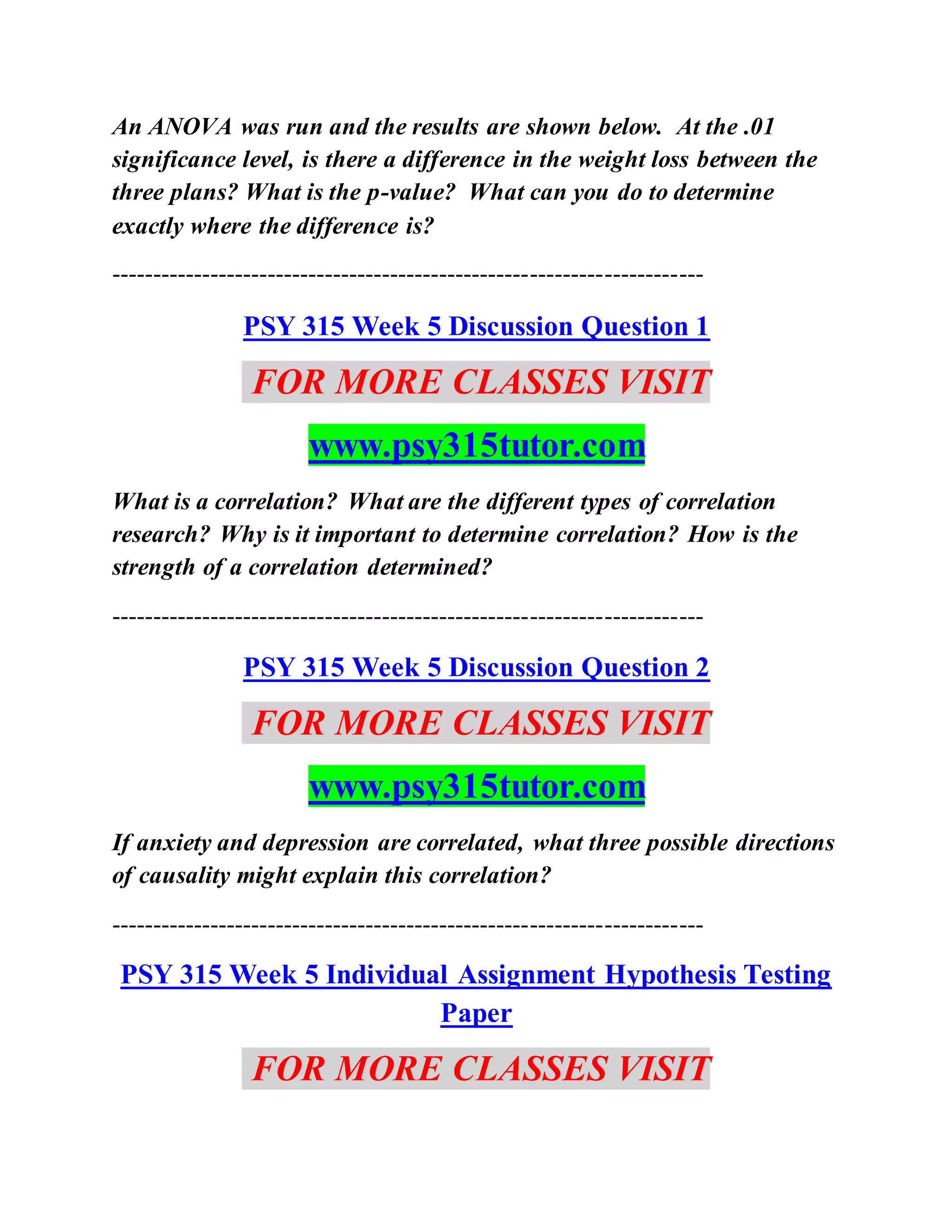 An ANOVA was run and the results are shown below. At the .01
significance level, is there a difference in the weight loss between the
three plans? What is the p-value? What can you do to determine
exactly where the difference is?
------------------------------------------------------------------------
PSY 315 Week 5 Discussion Question 1
FOR MORE CLASSES VISIT
www.psy315tutor.com
What is a correlation? What are the different types of correlation
research? Why is it important to determine correlation? How is the
strength of a correlation determined?
------------------------------------------------------------------------
PSY 315 Week 5 Discussion Question 2
FOR MORE CLASSES VISIT
www.psy315tutor.com
If anxiety and depression are correlated, what three possible directions
of causality might explain this correlation?
------------------------------------------------------------------------
PSY 315 Week 5 Individual Assignment Hypothesis Testing
Paper
FOR MORE CLASSES VISIT
 