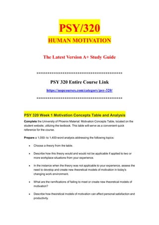 PSY/320
HUMAN MOTIVATION
The Latest Version A+ Study Guide
**********************************************
PSY 320 Entire Course Link
https://uopcourses.com/category/psy-320/
**********************************************
PSY 320 Week 1 Motivation Concepts Table and Analysis
Complete the University of Phoenix Material: Motivation Concepts Table, located on the
student website, utilizing the textbook. This table will serve as a convenient quick
reference for the course.
Prepare a 1,050- to 1,400-word analysis addressing the following topics:
 Choose a theory from the table.
 Describe how this theory would and would not be applicable if applied to two or
more workplace situations from your experience.
 In the instance when the theory was not applicable to your experience, assess the
need to develop and create new theoretical models of motivation in today's
changing work environment.
 What are the ramifications of failing to meet or create new theoretical models of
motivation?
 Describe how theoretical models of motivation can affect personal satisfaction and
productivity.
 